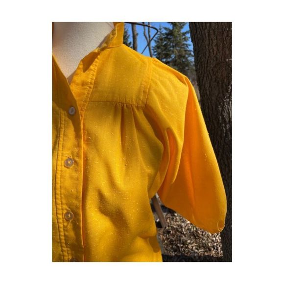 Vintage | 70s Saffron Slubbed Blouse Balloon Sleeve Mock Collar Sz 5 S/M - Picture 7 of 11